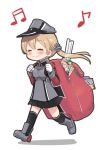  1girl ^_^ ahenn backpack bag beamed_sixteenth_notes black_legwear black_skirt blonde_hair blush book closed_eyes commentary_request eighth_note full_body gloves hat kantai_collection long_hair long_sleeves low_twintails military military_uniform musical_note peaked_cap pleated_skirt prinz_eugen_(kantai_collection) shadow simple_background skirt smile solo twintails uniform walking white_background white_gloves 