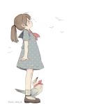  1girl bird blush brown_footwear brown_hair child closed_eyes closed_mouth collar commentary_request commission dress fairyapple full_body highres long_hair original ponytail red_collar russian_commentary shoes short_sleeves simple_background white_background 