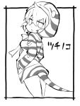  1girl :3 animal_ears bangs bow bowtie closed_mouth cowboy_shot eyebrows_visible_through_hair frame greyscale hair_between_eyes hands_in_pockets hood hoodie kemono_friends long_sleeves looking_at_viewer monochrome neck_ribbon ribbon short_hair simple_background smile snake_tail solo standing striped_hoodie striped_tail tail tsuchinoko_(kemono_friends) white_background zubatto_(makoto) 