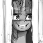  1:1 2019 equid female feral friendship_is_magic greyscale grin hair here&#039;s_johnny horn insane john_joseco looking_at_viewer mammal monochrome my_little_pony reaction_image smile solo stephen_king_(copyright) the_shining twilight_sparkle_(mlp) unicorn 