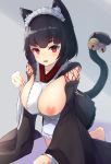  1girl absurdres all_fours animal_ear_fluff animal_ears azur_lane bell black_hair black_kimono blurry blush breasts breasts_outside cat_ears cat_tail commentary_request depth_of_field fang grey_background highres japanese_clothes kimono large_breasts looking_at_viewer maid_headdress nipples paw_pose red_eyes siro_hinata skin_fang smile solo tail tail_bell thick_eyebrows yamashiro_(azur_lane) 