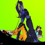 2girls artist_request ass blush brown_hair couple goggles goggles_on_head green_background long_hair looking_at_another multiple_girls overwatch pants ponytail purple_hair rope shoes short_hair simple_background smirk spiked_hair tracer_(overwatch) widowmaker_(overwatch) yuri 