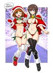  2girls ;d alternate_costume ass_visible_through_thighs bangs bell bell_collar bikini black_footwear black_legwear blush boko_(girls_und_panzer) boots border breasts brown_eyes brown_hair cape capelet carrying_over_shoulder christmas_lights cleavage clenched_hand closed_mouth collar commentary embarrassed eyebrows_visible_through_hair fur-trimmed_boots fur-trimmed_cape fur-trimmed_capelet fur-trimmed_jacket fur-trimmed_sleeves fur_trim girls_und_panzer green_border holding holding_sack hood hood_down hood_up hooded_cape jacket knee_boots large_breasts leg_up light_frown looking_at_viewer medium_breasts multiple_girls navel nishizumi_maho nishizumi_miho one_eye_closed oosaka_kanagawa open_mouth outline outside_border plaid_footwear pom_pom_(clothes) red_bikini red_cape red_footwear red_jacket ribbon-trimmed_legwear ribbon_trim sack santa_costume short_hair siblings side-by-side sisters skindentation smile standing standing_on_one_leg swimsuit thigh_gap thighhighs translated white_outline 