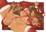  1girl animal_ears anus_peek bear_ears bear_tail blush bow breasts brown_eyes brown_hair christmas commentary convenient_censoring crotch_ribbon dark_skin dated detached_sleeves english_commentary fur_trim gift_wrapping hat huge_breasts kumako looking_at_viewer merry_christmas naked_ribbon navel original poch4n pussy_peek red_bow red_legwear red_ribbon ribbon santa_hat short_hair signature skindentation solo spread_legs sweat tail thick_eyebrows thick_thighs thighs 