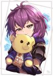  1girl bernadetta_von_varley closed_mouth fire_emblem fire_emblem:_three_houses garreg_mach_monastery_uniform grey_eyes highres holding holding_stuffed_animal hood hood_down long_sleeves nakabayashi_zun purple_hair short_hair solo stuffed_animal stuffed_toy teddy_bear uniform upper_body 