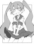  1girl bangs blush cowboy_shot eyebrows_visible_through_hair fang frame greyscale long_hair monochrome open_mouth pleated_skirt sailor_collar school_uniform serafuku shirt short_sleeves simple_background skirt skirt_hold solo standing sweat twintails ueno-san_wa_bukiyou ueno_(ueno-san_wa_bukiyou) very_long_hair white_background zubatto_(makoto) 