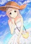  1girl bag blue_sky breasts cowboy_shot dress dutch_angle handbag hat highres idolmaster idolmaster_shiny_colors light_brown_hair looking_at_viewer sakuragi_mano sky so_korokoro solo straw_hat sundress 