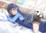  1girl bangs black_hair blue_eyes blunt_bangs blush body_pillow breasts candy_apple food hair_intakes highres holding holding_food idolmaster idolmaster_million_live! indoors long_hair long_sleeves mogami_shizuka panda pillow pillow_hug shorts so_korokoro solo stuffed_animal stuffed_toy 