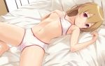  1girl banned_artist bare_arms bare_shoulders barefoot bed bra bra_lift breasts brown_hair collarbone hand_on_own_chest head_tilt indoors lifted_by_self looking_at_viewer lying n.g. navel nipples on_back on_bed one_breast_out panties pillow red_eyes short_hair silica small_breasts solo spread_legs stomach sword_art_online underwear underwear_only white_bra white_panties 