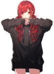  1girl bangs black_hoodie braid clothes_writing covering_mouth cowboy_shot drawstring earrings flat_chest french_braid hair_ornament hair_over_shoulder hairclip hand_over_own_mouth highres jewelry kuwashima_rein long_hair looking_at_viewer no_pants original own_hands_together red_eyes red_hair red_nails simple_background single_braid sleeves_past_wrists solo swept_bangs twintails white_background 