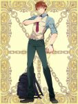  1boy adjusting_neckwear backpack backpack_removed bag black_footwear blue_shirt book brown_hair full_body green_eyes hand_up holding holding_book kerberos_blade l_(matador) male_focus necktie pants shirt simple_background solo standing vest watch wristwatch yellow_background 