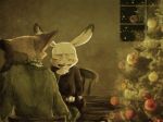  2019 anthro canid canine christmas christmas_tree clothed clothing dipstick_ears disney duo eyes_closed fox fur furniture hand_holding holidays inside judy_hopps lagomorph leporid mammal multicolored_ears nick_wilde noko_ume open_mouth open_smile rabbit red_fox sitting smile snow snowing sweater table topwear tree window zootopia 