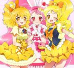  3girls ;d animal_ears black_dress blonde_hair blush bow brooch bubble_skirt bunny_ears cake_hair_ornament choker closed_mouth cowboy_shot cure_honey cure_pine cure_whip dress earrings food_themed_hair_ornament fresh_precure! gloves hair_bow hair_ornament hairband happinesscharge_precure! heart heart_hair_ornament jewelry kagami_chihiro kirakira_precure_a_la_mode long_hair looking_at_viewer magical_girl multiple_girls neck one_eye_closed oomori_yuuko open_mouth orange_bow orange_eyes orange_neckwear petticoat pink_background pink_bow pink_eyes pink_hair pink_neckwear ponytail precure puffy_sleeves red_hairband shiny shiny_hair short_hair side_ponytail skirt smile twintails usami_ichika white_dress white_gloves wrist_cuffs yamabuki_inori yellow_dress yellow_skirt 