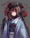  1girl alternate_costume belt black_bow black_headwear blush bow brown_eyes brown_hair closed_mouth cyrillic dated eyebrows_visible_through_hair fingerless_gloves flower gloves grey_background hair_bow hair_ornament hairclip hat japanese_clothes kantai_collection kimono long_hair long_sleeves looking_at_viewer low_twintails obi papakha red_flower sash simple_background star tashkent_(kantai_collection) twintails twitter_username wss_(nicoseiga19993411) 