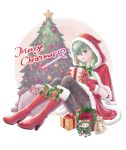  1girl alternate_costume boots bow box byleth_(fire_emblem) byleth_(fire_emblem)_(female) candy candy_cane character_doll christmas_ornaments christmas_tree earrings fire_emblem fire_emblem:_three_houses fire_emblem_heroes food fur_trim gift gift_bag gift_box gloves green_eyes green_hair high_heel_boots high_heels highres holding hood hood_up jewelry knees_up medium_hair merry_christmas oront1y pantyhose parted_lips red_gloves sack sitting solo sothis_(fire_emblem) stuffed_animal stuffed_toy teddy_bear 