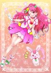  1girl ;d bare_legs bunny choker cure_grace earrings flower full_body gloves gradient gradient_background hair_bun hair_flower hair_ornament hanadera_nodoka healin&#039;_good_precure heart heart_hair_ornament highres jewelry kaatsukun long_hair looking_at_viewer magical_girl one_eye_closed open_mouth pink_background pink_eyes pink_hair pink_neckwear pink_skirt precure rabirin_(precure) red_flower red_rose rose shoes skirt smile wavy_hair white_footwear white_gloves yellow_background 