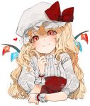  1girl :t alternate_hair_length alternate_hairstyle bangs blonde_hair blush bow commentary_request crystal embellished_costume eyebrows_visible_through_hair face flandre_scarlet floral_print gotoh510 hand_up hands hat hat_bow heart index_finger_raised long_hair looking_at_viewer mob_cap open_mouth print_sleeves puffy_short_sleeves puffy_sleeves red_bow red_eyes rose_print shirt short_sleeves signature simple_background smile solo touhou upper_body watermark white_background white_headwear white_shirt wings wrist_cuffs 