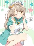  1girl bangs brown_eyes dress eyebrows_visible_through_hair floral_background frills grin hair_ornament hands_up hat heart knees_together_feet_apart light_brown_hair loafers long_hair looking_at_viewer love_live! love_live!_school_idol_project minami_kotori nurse nurse_cap one_eye_closed one_side_up puffy_short_sleeves puffy_sleeves shoes short_sleeves smile solo speech_bubble spoken_heart squatting stethoscope striped striped_background swept_bangs tareme tokira_nozumi twitter_username vertical-striped_background vertical_stripes white_footwear 