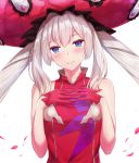  1girl bangs bare_arms bare_shoulders blue_eyes blush closed_mouth dress eyebrows_visible_through_hair fate/grand_order fate_(series) frilled_hat frills gloves hat highres long_hair looking_at_viewer marie_antoinette_(fate/grand_order) own_hands_together petals pink_dress pink_gloves pink_headwear sakaokasan silver_hair simple_background sleeveless sleeveless_dress smile solo twintails upper_body very_long_hair white_background 