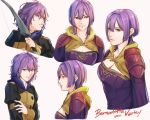  1girl angerykacchan bernadetta_von_varley bow_(weapon) breasts character_name cleavage closed_mouth fire_emblem fire_emblem:_three_houses from_side garreg_mach_monastery_uniform grey_eyes holding holding_bow_(weapon) holding_weapon long_sleeves multiple_views parted_lips purple_hair short_hair simple_background smile uniform upper_body weapon white_background 