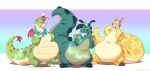  aidenmonster ambiguous_gender anthro belly digital_media_(artwork) dragon gradient_background group hi_res plushification simple_background sparkles standing transformation 