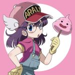  1girl baseball_cap blue_eyes blush clothes_writing commentary_request dr._slump glasses gloves hat long_hair looking_at_viewer norimaki_arale open_mouth overalls purple_hair shirt simple_background solo winged_hat yazwo 