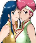  2girls 80s blue_hair breasts cleavage closed_mouth commentary_request dark_skin dirty_pair earrings headband jewelry kakkii kei_(dirty_pair) large_breasts long_hair looking_at_viewer multiple_girls oldschool open_mouth red_hair short_hair simple_background smile white_background yuri_(dirty_pair) 