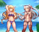  2girls amatsukaze_(kantai_collection) beach bikini black_panties blue_bikini blue_sky breasts chestnut_mouth cleavage cloud commentary_request cowboy_shot day garter_straps hair_ornament hair_ribbon hair_tubes hat johnston_(kantai_collection) kantai_collection light_brown_hair long_hair looking_at_viewer medium_breasts mini_hat multiple_girls outdoors panties red_legwear ribbon side-tie_panties silver_hair sky small_breasts smokestack_hair_ornament swimsuit thighhighs two_side_up underwear uranoko windsock yellow_eyes 
