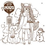  1girl absurdres animal animal_ears bandaid bandaid_on_knee bruise bus_stop circle_name dog full_body highres injury long_hair mitoko_(kuma) monochrome no_pants original road_sign scarf shared_scarf sign snow_on_head snowing snowman tail trembling umbrella wolf_ears wolf_tail 