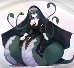  1girl alder black_dress black_sclera cross dress gorgon green_hair habit looking_at_viewer monster_girl nun orange_eyes original slit_pupils snake_hair snake_tail tail white_skin 