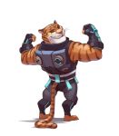  2017 anthro blizzard_entertainment clothed clothing cosplay crossover crossover_cosplay disney felid fully_clothed fur gloves handwear hi_res looking_back mammal orange_body orange_fur overwatch pantherine pink_nose pose simple_background solo standing striped_body striped_fur stripes tiger tiger_dancer_(zootopia) video_games whiskers white_background white_body white_fur zarya_(overwatch) zootopia 杯具螺旋丸 