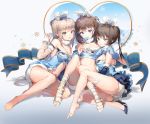  3girls anmi bare_legs bare_shoulders barefoot blue_eyes blue_shirt bow bra breasts brown_eyes brown_hair bunny_tail center_opening cleavage crop_top detached_sleeves fishnet_legwear fishnets girl_sandwich hair_bow hand_up high_heels highres holding_lollipop long_hair looking_at_viewer medium_breasts midriff multiple_girls navel open_mouth original plantar_flexion ponytail purple_eyes reclining sandwiched shirt short_shorts shorts smile socks strap_slip strapless striped striped_legwear tail thighhighs underwear 