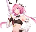  1boy astolfo_(fate) astolfo_(saber)_(fate) black_bow black_gloves black_hairband bow closed_mouth detached_sleeves eyebrows_visible_through_hair fang fate/grand_order fate_(series) gloves hair_between_eyes hair_bow hairband hand_on_hip holding holding_sword holding_weapon long_hair low_twintails male_focus midriff navel otoko_no_ko pink_hair purple_eyes sakaokasan simple_background smile solo sword twintails weapon white_background 