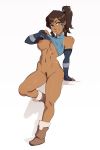  1girl arm_support arm_warmers avatar_(series) blue_eyes blush boots breasts breasts_outside brown_hair dark_skin highres korra medium_breasts naughty_face navel nipples no_bra owler partially_undressed ponytail pubic_hair self_exposure smile solo standing standing_on_one_leg the_legend_of_korra thighs white_background 