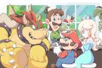  bar_stool bird blue_eyes boots bowser brown_footwear cafe crow cup green_shirt horns light_blue_dress looking_at_another luigi mario mario_(series) omochi_(glassheart_0u0) overalls parfait red_eyes red_headwear red_shirt rosalina shirt smile spikes stool teacup tree 
