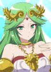  1girl bangs bare_shoulders blush breasts closed_mouth collarbone ddak5843 dress eyebrows_visible_through_hair forehead_jewel green_eyes green_hair hand_up headpiece kid_icarus kid_icarus_uprising long_hair looking_at_viewer medium_breasts palutena parted_bangs solo strapless strapless_dress upper_body white_dress 