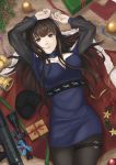 1girl acorn alternate_costume bangs bell blue_ribbon blunt_bangs breasts brown_hair cape cat christmas christmas_ornaments christmas_wreath dsr-50_(girls_frontline) dsr-50_(weapon) gift girls_frontline highres large_breasts looking_at_viewer lying open_mouth red_cape red_eyes reindeer ribbon scope sidelocks socks solo star thighs yuragi_zora 