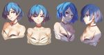  1girl :p absurdres bangs bare_shoulders black_bra blue_eyes blue_hair bra breasts character_sheet choker closed_mouth collarbone cropped_torso expressionless eyebrows_visible_through_hair grey_background highres large_breasts looking_at_viewer mismatched_earrings off_shoulder original parted_lips qian_pu_liu_shang shirt short_hair simple_background strapless strapless_bra tongue tongue_out underwear upper_body white_shirt 