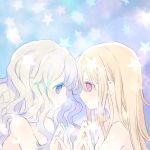  2girls blonde_hair closed_mouth eye_contact grey_hair hands_together hands_up hinayuki_usa long_hair looking_at_another multiple_girls nude original profile purple_eyes red_eyes smile star upper_body wavy_hair 