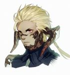  1boy blonde_hair character_request closed_mouth collar dama_(sindygao) final_fantasy final_fantasy_xiv heterochromia horns long_hair looking_at_viewer low_ponytail male_focus portrait red_eyes simple_background solo white_background yellow_eyes 