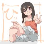  1girl black_hair blush camisole feet full_body hair_down kuraue_hinata pants purple_eyes simple_background sitting smile solo spaghetti_strap v white_background yama_no_susume yougiri 