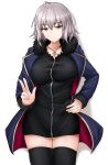  1girl ahoge bangs black_dress black_legwear blue_jacket blush breasts closed_mouth dress fate/grand_order fate_(series) full-length_zipper fur-trimmed_jacket fur-trimmed_sleeves fur_trim hair_between_eyes highres jacket jeanne_d&#039;arc_(alter)_(fate) jeanne_d&#039;arc_(fate)_(all) jewelry large_breasts long_sleeves looking_at_viewer necklace open_clothes open_jacket poshi_(ginmokusei) short_dress short_hair silver_hair simple_background solo thighhighs thighs white_background wicked_dragon_witch_ver._shinjuku_1999 yellow_eyes zipper 