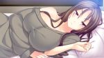  1girl ane_yome_quartet arm_under_breasts bangs bare_shoulders bed bed_sheet blush breasts brown_hair cleavage collarbone frown grey_sweater hair_between_eyes hanabishi_yurina hisasi huge_breasts indoors large_breasts long_hair looking_at_viewer lying on_side pillow pout red_eyes solo sweater unhappy 