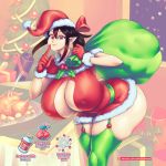  1:1 big_breasts big_butt breasts brown_hair butt christmas clothing elf female garter_belt garter_straps hair hat headgear headwear holidays huge_breasts huge_butt humanoid long_hair looking_at_viewer not_furry red_eyes santa_hat solo supersatanson thick_thighs wide_hips 