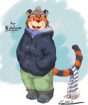  2013 anthro blush bottomwear clothing felid hi_res kernelpanic mammal pantherine pants scarf snow solo sweater tiger topwear winter 