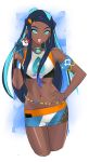  1girl aqua_eyes aqua_hair armband armlet bangs belly_chain black_hair blue_eyeshadow blue_hair breasts dark_skin earrings eyeshadow forehead gloves gym_leader hand_on_hip highres holding holding_poke_ball hoop_earrings jewelry looking_at_viewer makeup multicolored_hair open_mouth partly_fingerless_gloves poke_ball poke_ball_(generic) pokemon pokemon_(game) pokemon_swsh rurina_(pokemon) single_glove small_breasts solo swept_bangs swimsuit tankini tetsu_(kimuchi) thigh_gap toned wristband 