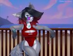  angelina_marie anthro beach berruchan big_breasts breasts canid canine canis cleavage clothed clothing female mammal one-piece_swimsuit seaside swimwear wolf 