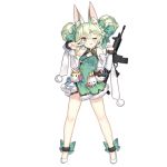  1girl ;d animal_ear_fluff animal_ears ankleband art556_(girls_frontline) bangs bare_legs bare_shoulders blush bow brown_eyes china_dress chinese_clothes cleavage_cutout detached_sleeves double_bun dress eyebrows_visible_through_hair fang fangs flat_chest girls_frontline green_bow green_dress green_hair gun hair_bow holding holding_gun holding_weapon looking_at_viewer mouth official_art one_eye_closed open_mouth rifle saru shoes short_dress smile solo standing stuffed_animal stuffed_cat stuffed_dog stuffed_toy taurus_art556 thigh_strap transparent_background v v_over_eye weapon white_bow white_footwear white_sleeves 