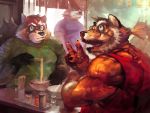  2009 4:3 anthro canid canine clothing detailed_background eating food group humanoid_hands male mammal motogen overweight overweight_male raccoon_dog shirt sitting tanuki topwear 