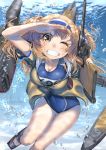  1girl air_bubble breasts brown_eyes brown_jacket bubble cleavage clothes_writing diving freediving gun hairband highres i-26_(kantai_collection) jacket kantai_collection large_breasts light_brown_eyes light_brown_hair long_hair machinery name_tag new_school_swimsuit ocean one-piece_swimsuit one_eye_closed outdoors rigging sailor_collar salute sandals school_swimsuit short_sleeves smile solo submerged swimming swimsuit swimsuit_under_clothes teeth two-tone_hairband two_side_up underwater water weapon zombie_mogura 